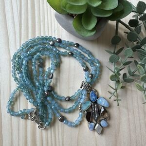 VTG Pendant Necklace 21 Inch Sea Turtle Gem Opal Glass Bead Sterling 72.8g READ